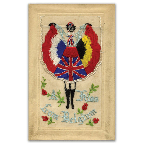 WWI Embroidered Postcard - A Kiss From Belgium (Flap)