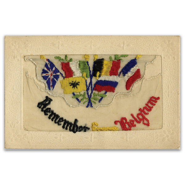 WWI Embroidered Postcard - Remember From Belgium