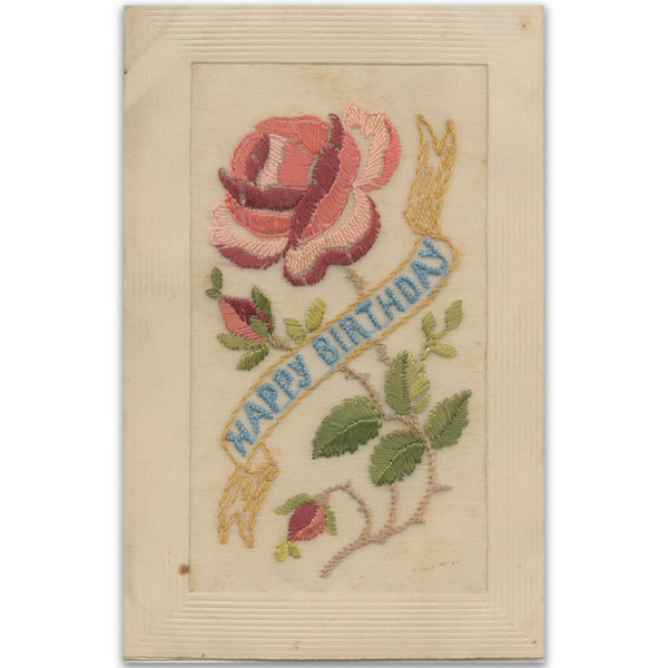 WWI Embroidered Happy Birthday Postcard