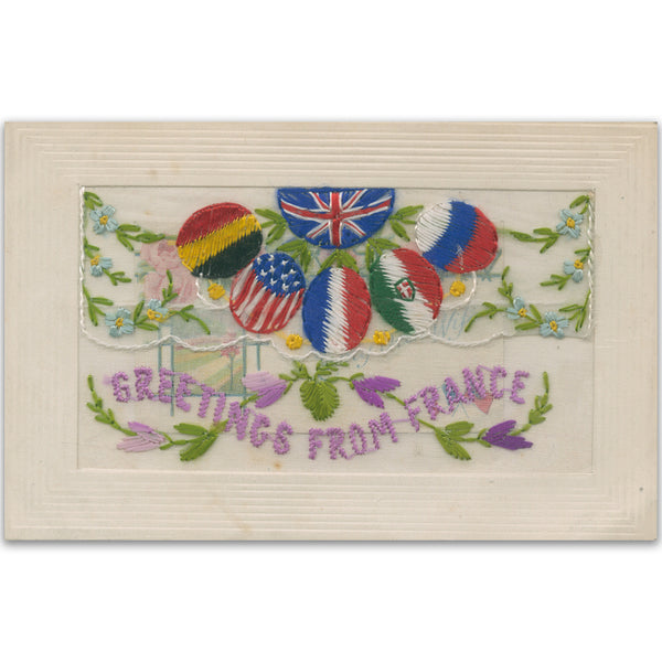 WWI Embroidered Greetings France Postcard (flap)