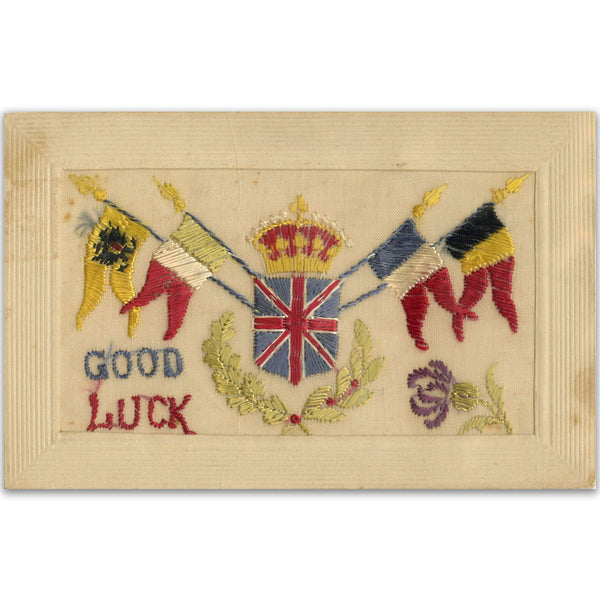 WWI Good Luck Flags Silk Postcard