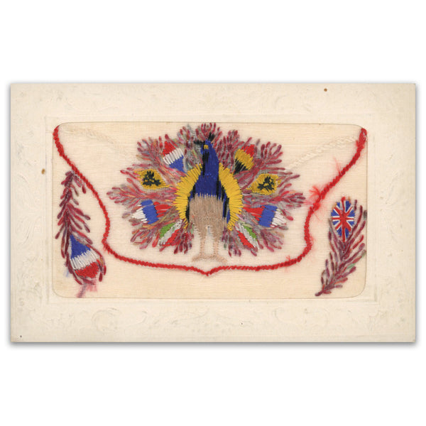 WWI Silk Postcard - Peacock with Allied Flags