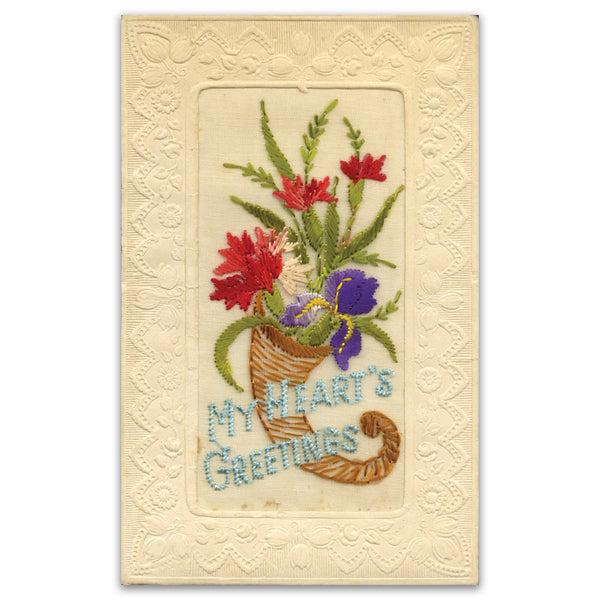 WWI Silk Postcard -My Hearts Greetings